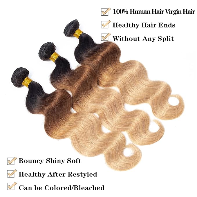 12A Grade Ombre Bundles Human Hair 28 Inch Brazilian Virgin Ombre Blonde Body Wave Hair 1 Bundle 100% Unprocessed Virgin Remy Human Hair Weave Bundles T1B/30/27
