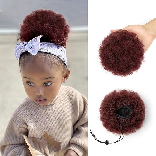 Afro Puff Ponytail for Black Women 100% Human Hair Ponytail Extension Short Updo Hair Buns Small Size Curly Ponytail for Little Girls 2 Clips 4 Inch Burgundy Color,Soft, And Durable For Repeated Use