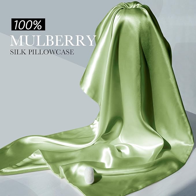 100% Mulberry Silk Pillowcase for Hair and Skin, 22 Momme Pure Natural Silk Pillow Case Both Sided with Zipper, Pillow Cover for Women Mom Men (Light Green, King 20''×36'', 1 Pack)