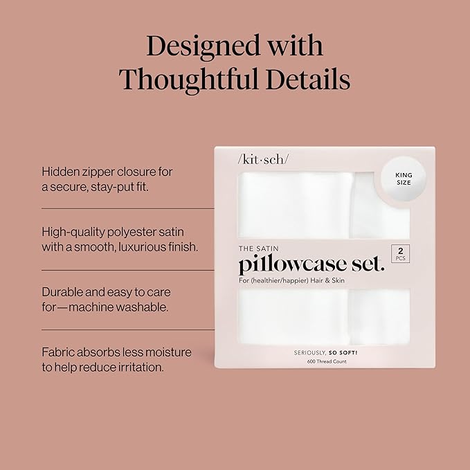 Kitsch Satin Pillowcase with Zipper for Hair & Skin, Softer Than Silk Pillow Cases Queen, Wrinkle-Free, Smooth and Cooling Satin Pillow Covers, King Size 19"x36" - Ivory, 2pcs