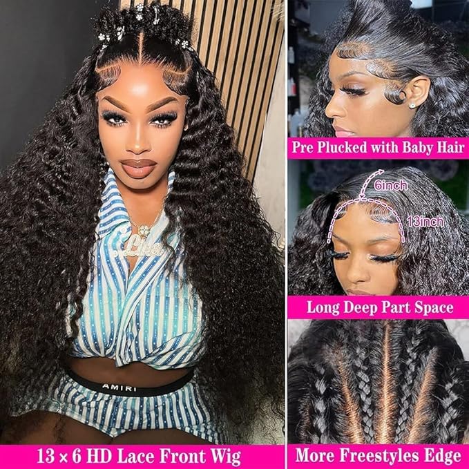 36Inch Deep Wave Lace Front Wigs Human Hair 200% Density 13x6 HD Transparent Deep Curly Lace Front Wigs for Women Pre Plcked Glueless Wigs with Baby Hair