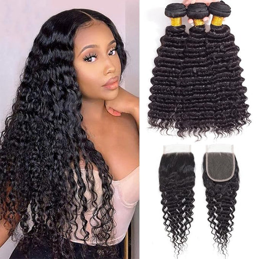 Brazilian Deep Wave 3 Bundles with Closure 9A 100% Unprocessed Human Hair Loose Deep Wave 3 Bundles Human Hair with 4x4 Lace Front Free Part Natural Black for Black Women (24 26 28+22))