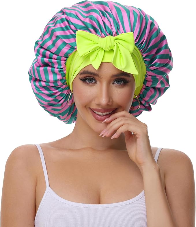 Double Layer Silk Bonnet with Tie Satin Lined Sleep Cap Hair Cover for Women's Curly Natural Hair