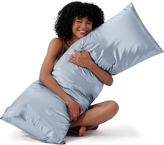 Bedsure Body Pillow Cover 20x54 Inches - Stone Blue Satin Similar to Silk Pillowcase for Hair and Skin, Cooling and Silky Long Body Pillow Pillowcase with Envelope Closure, Gifts for Women Men