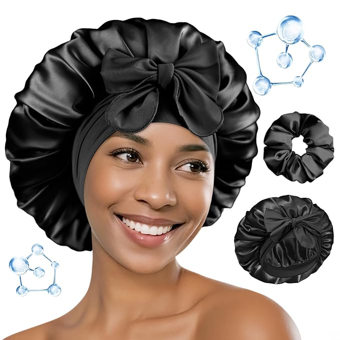 BONNET QUEEN Silk Bonnet for Sleeping Women HYALURONIC Acid Double Layer Satin Lined Bonnet Night Sleep Cap Wrap for Curly Hair with Adjustable Tie Band & Scrunchie, Black