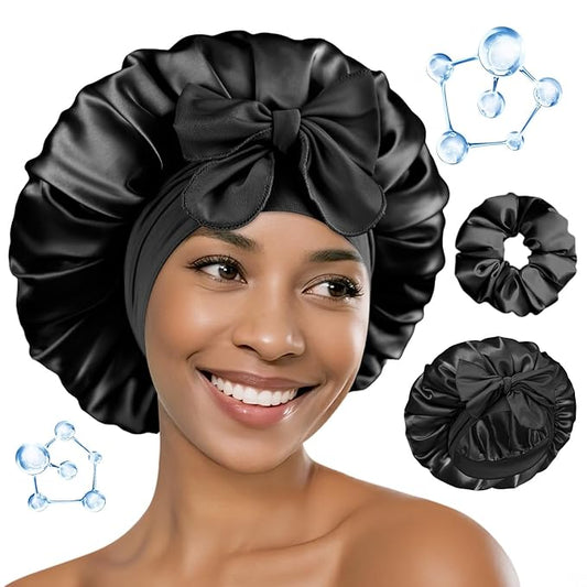 BONNET QUEEN Silk Bonnet for Sleeping Women HYALURONIC Acid Double Layer Satin Lined Bonnet Night Sleep Cap Wrap for Curly Hair with Adjustable Tie Band & Scrunchie, Black
