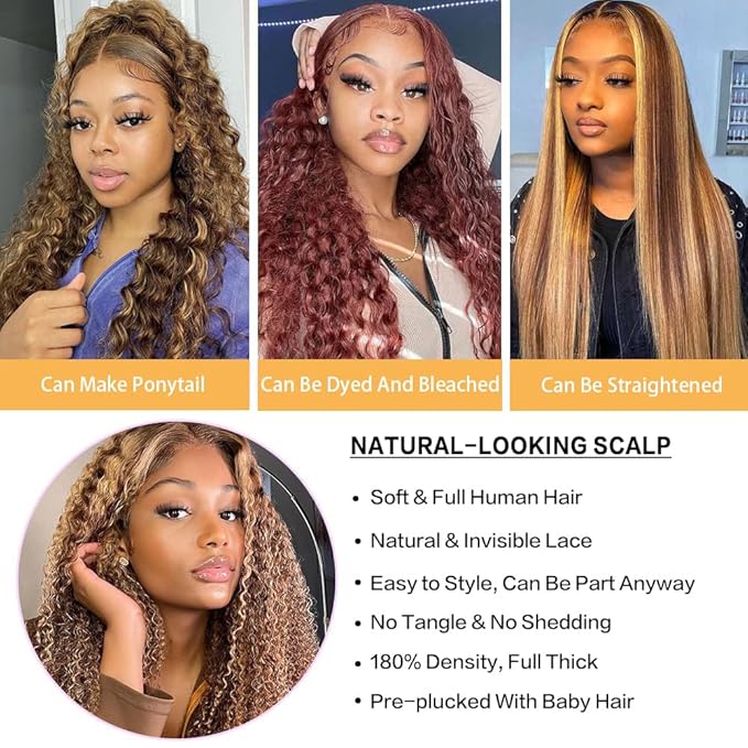 28inch Highlight Ombre Lace Front Wig Human Hair 13x6 HD Honey Blonde 4/27 Deep Wave Lace Frontal Wigs Glueless Wigs Human Hair
