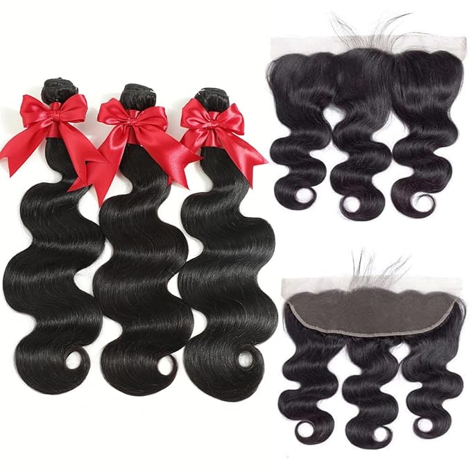12A Human Hair Bundles with Frontal 12 14 16 with 10 Inch Brazilian Body Wave 3 Bundles Human Hair with 13x4 HD Lace Frontal Closure 100% Unprocessed Virgin Human Hair Weave