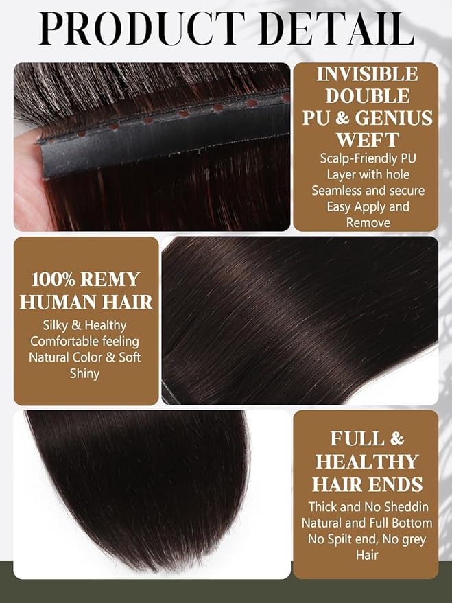 LOXXY Double Weft Invisible PU OVO Human Hair Extensions - Seamless Darkest Brown Straight Butterfly Weft Hair Extensions - 22 Inch 100g Glueless Micro Beads Real Human Remy Hair, Weft Width 31.5"