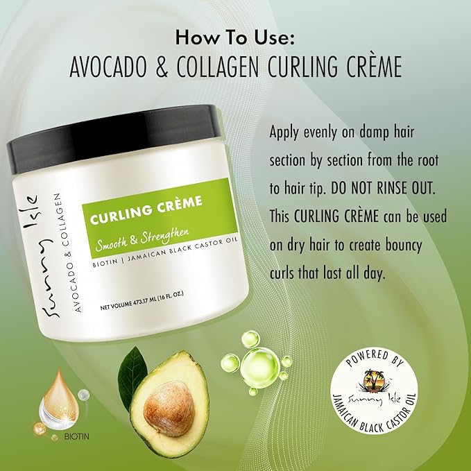 Sunny Isle Avocado and Collagen Curling Crème 16oz | Biotin and Jamaican Black Castor Oil Infused | Lightweight Formula For Waves, Curls and Twists
