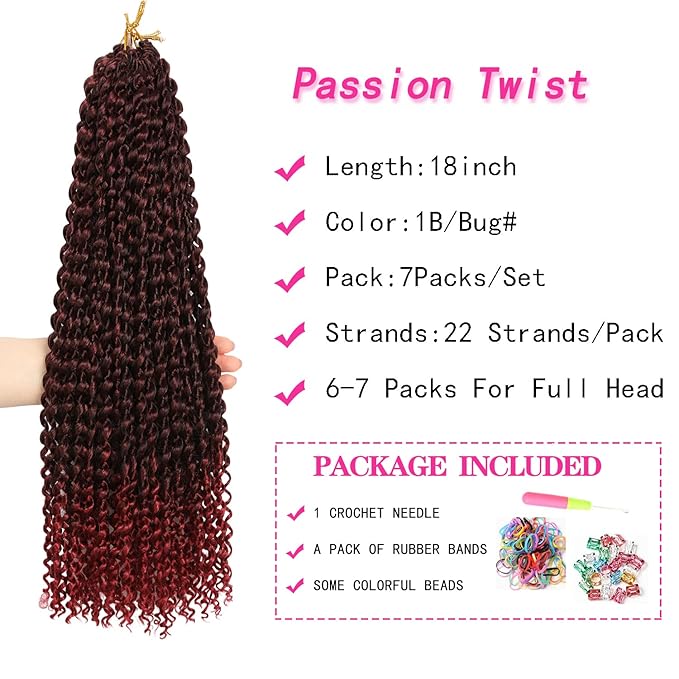Ubeleco 18 Inch Passion Twist Hair, Ombre Burgundy Water Wave Crochet Hair for Women 22 Strands/Pack Passion Twist Crochet Hair Long Bohemian Synthetic Curly Braiding Hair Extensions(7pcs,1B/Bug)