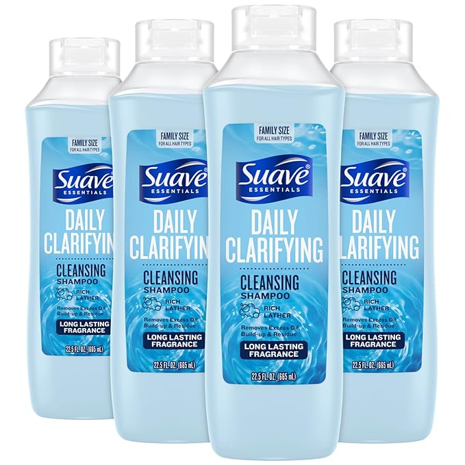 Suave Clarifying Shampoo, Family-Size 4-Pack – pH-Balanced & Hypoallergenic Daily Deep Cleansing Shampoo for Normal to Oily Hair, 22.5 Oz Ea