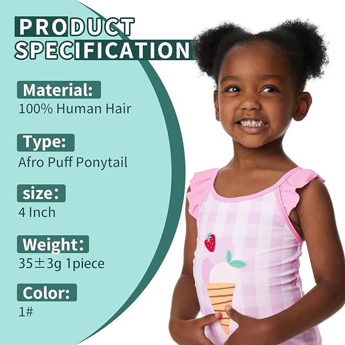Afro Puff Ponytail for Black Women 100% Human Hair Ponytail Extension Short Updo Hair Buns Small Size Curly Ponytail for Little Girls 2 Clips 4 Inch Jet Black Color ,Soft, And Durable For Repeated Use