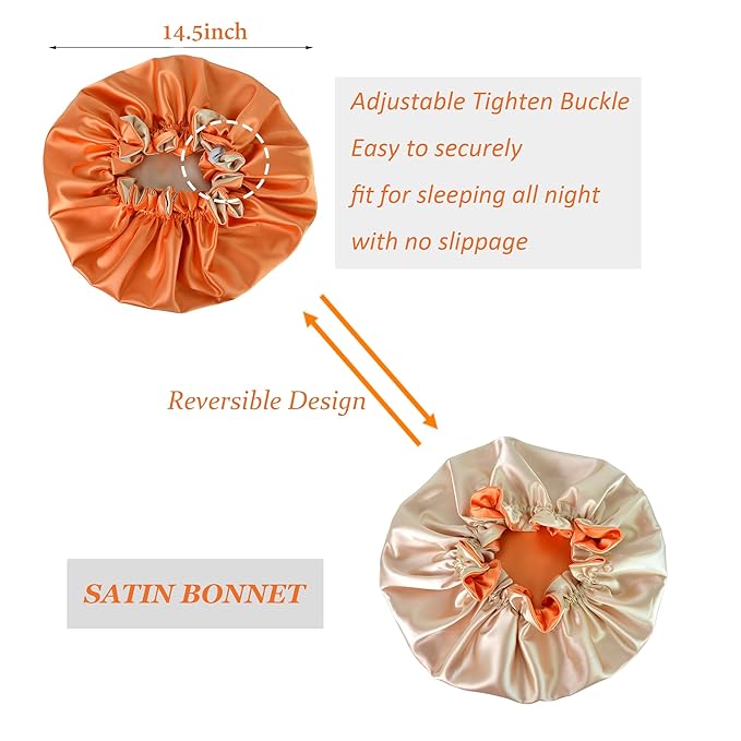 Silk Bonnet for Sleeping Satin Bonnets Double Layer Reversible Hair Cap Bonnet for Women Long Curly Braid Hair (Tangerine)