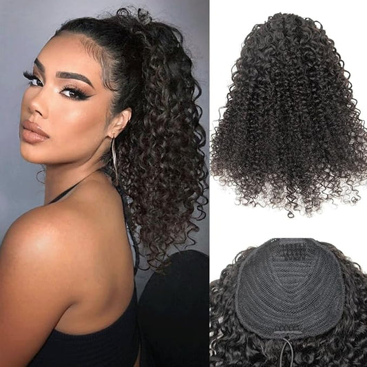 Ponytail Extension Human Hair Curly Ponytail Extension for Black Women Long Afro Puffs Hair Buns Drawstring Ponytail Human Hair (14 Inch #1B Natural Black)