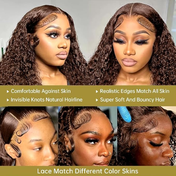 13x6 Deep Wave Lace Front Wigs Human Hair Chocolate Brown Deep Curly Human Hair Wig for Women 220% Density HD Lace Front Wet and Wavy Wigs Pre Plucked Brazilian Virgin Hair 28inch