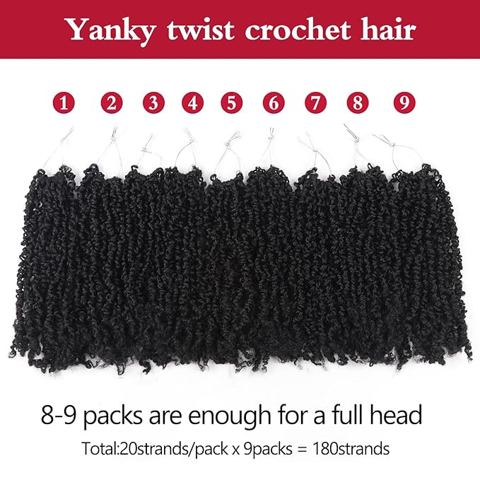 Yanky Twist Crochet Hair, PILLUGER Yaki Twists Hair Micro Spring Twist Braids,9 Packs Pre-looped passion Twist Brown Senegalese With Curls Crochet Synthetic Hair Extensions(1B)