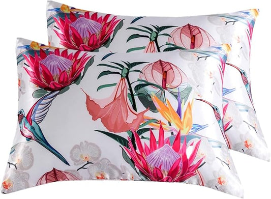 Satin Pillowcase for Hair and Skin, Soft and Cooling Similar to Silk Pillow Cases 2 Pack with Envelope Closure Standard Size Satin Pillow Covers, Gifts for Women(20"x26", Floral Bird)