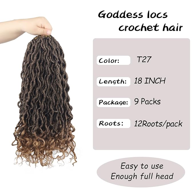 Goddess Locs Crochet Hair 18 Inch 9 Packs Faux Locs with Curly Ends,Pre looped Synthetic Crochet Hair for Black Women