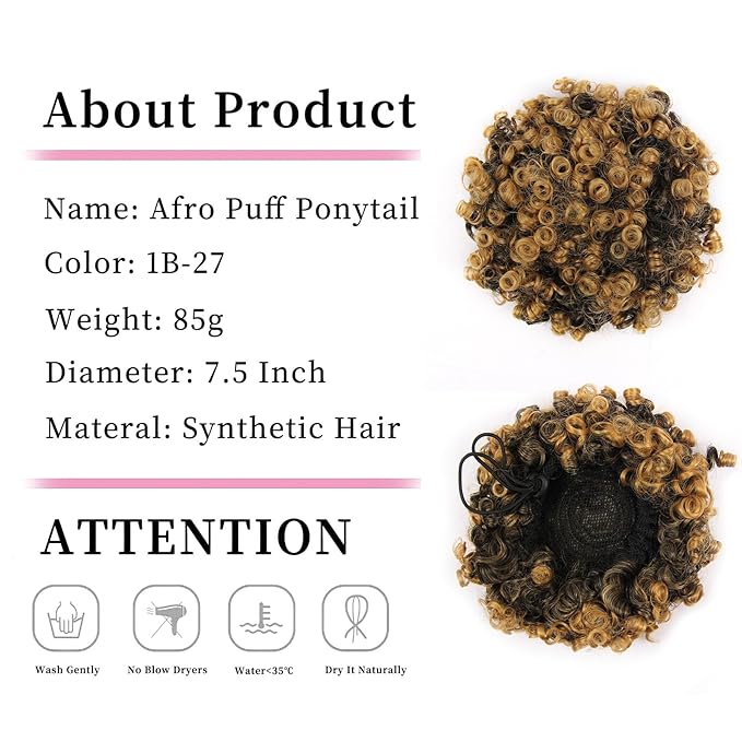 Afro Puff Ponytail for Black Women Culy Wavy Short Drawstring Ponytail Hair Extension Synthetic Mini Afro Bun(1B-27#)