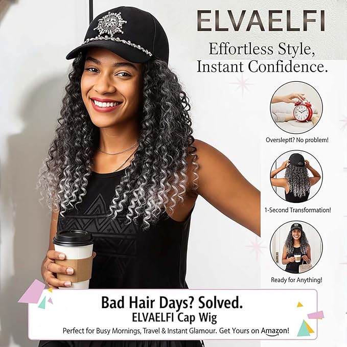 Hat with Gogo Curl Crochet Hair, 16-Inch Synthetic Long Grey Wig for Women, Ombre Gray Baseball Cap Wig