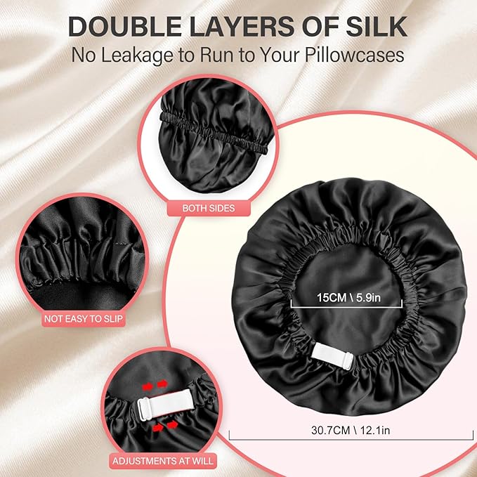 Silk Bonnet for Women 100% Mulberry Silk Sleep Cap 22 Momme Double Layer Hair Wrap for Curly Short Long Hair