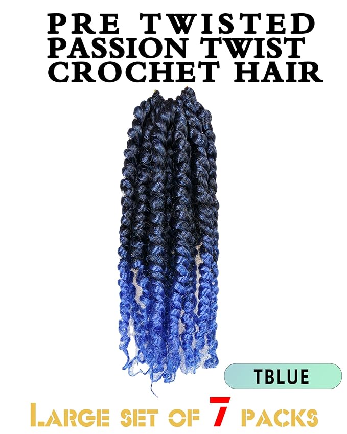 Pre-Twisted Passion Twist Crochet Hair for Black Women Passion Twist Hair Pre Looped Bohemian Braids 10 Inch 7 Packs Ombre Blue Short Bob Curly Braiding Hair Extensions(10"-7P,T1B/Blue)