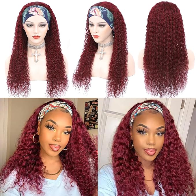Eooma Headband Wig Curly Human Hair Wigs for Black Women 10A 180% Density Brazilian Kinky Curly #99J Burgundy Human Hair Headband Wigs Scarf No Gel Gluelees 20 Inch Remy Hair