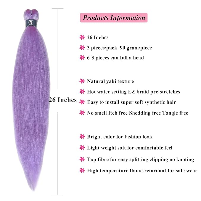 Purple Lavender Braiding Hair Pre Stretched Crochet Kids Pre Sectioned Braiding Hair Extensions 26 inch Hypoallergenic Synthetic Knotless Natural Braids