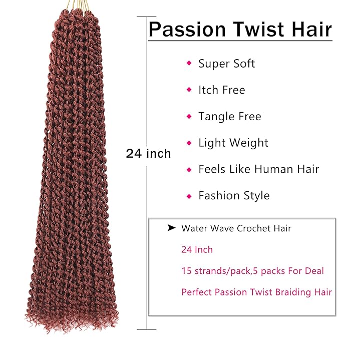 Copper Passion Twist Hair 24 Inch 5 Packs Passion Twist Braiding Hair Water Wave Crochet Hair For Black Women Passion Twist Crochet Hair/Butterfly Locs/Spring Twist Crochet Braids(24in,350)