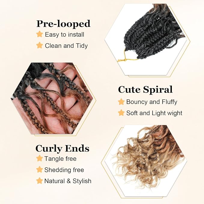 14 Inch Goddess Box Braids Crochet Hair Curly Ends 9 Packs Pre Looped Boho Crochet Box Braids Bohemian Box Braid Crochet Hair For Black Women (14Inch 9Packs,1B/30/27)