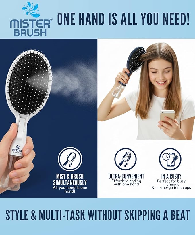 Navy All in One Brush + Mister - 2 in 1 - Detangling Brush - No More Hair Hassle