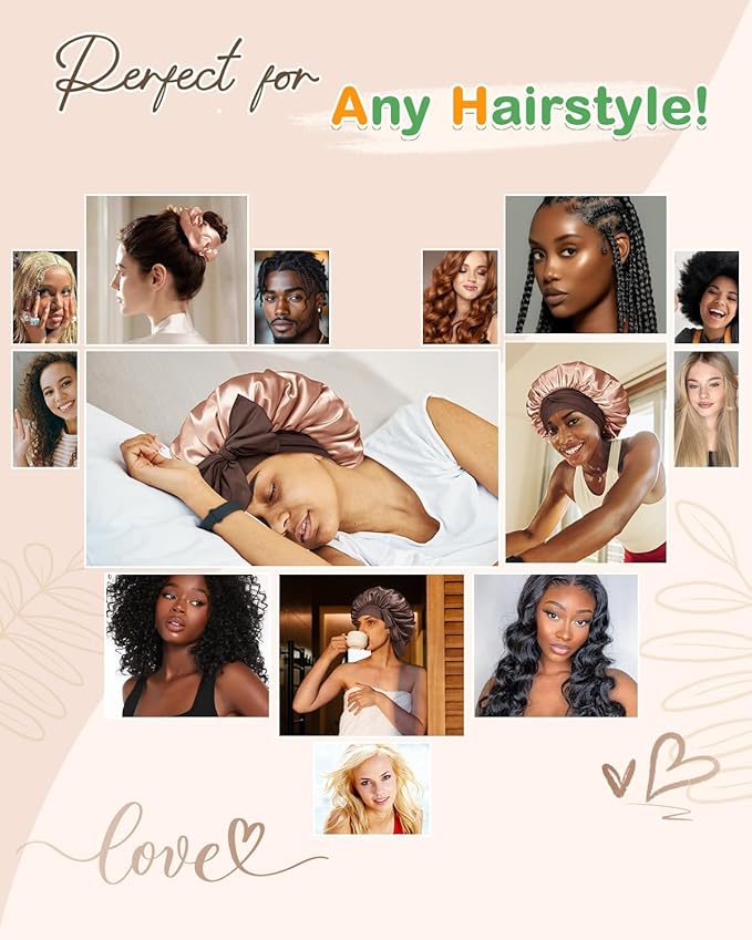 BONNET QUEEN Silk Bonnet for Sleeping Women HYALURONIC Acid Reversible Double Layer Satin Bonnet Night Sleep Cap Wrap for Curly Hair with Adjustable Tie Band & Scrunchie, Champagne & Brown