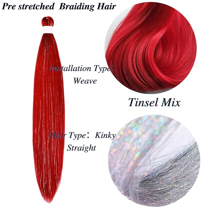 Red Braiding Hair with Tinsel Pre Stretched Braiding Hair Pre Feathered Hair Extensions Yaki Texture Glitter Braids