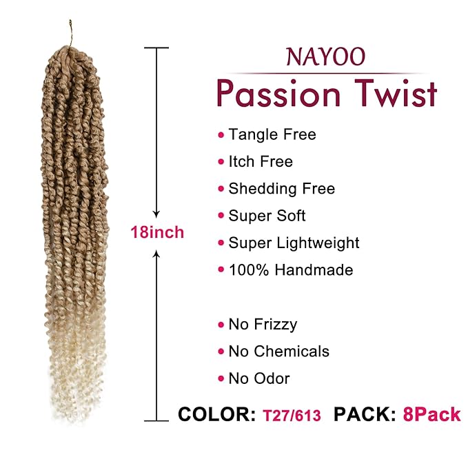 Passion Twist Hair - 8 Packs 18 Inch Passion Twist Crochet Hair For Women, Crochet Pretwisted Curly Hair Passion Twists Synthetic Braiding Hair Extensions (18 Inch 8 Packs, T27/613)