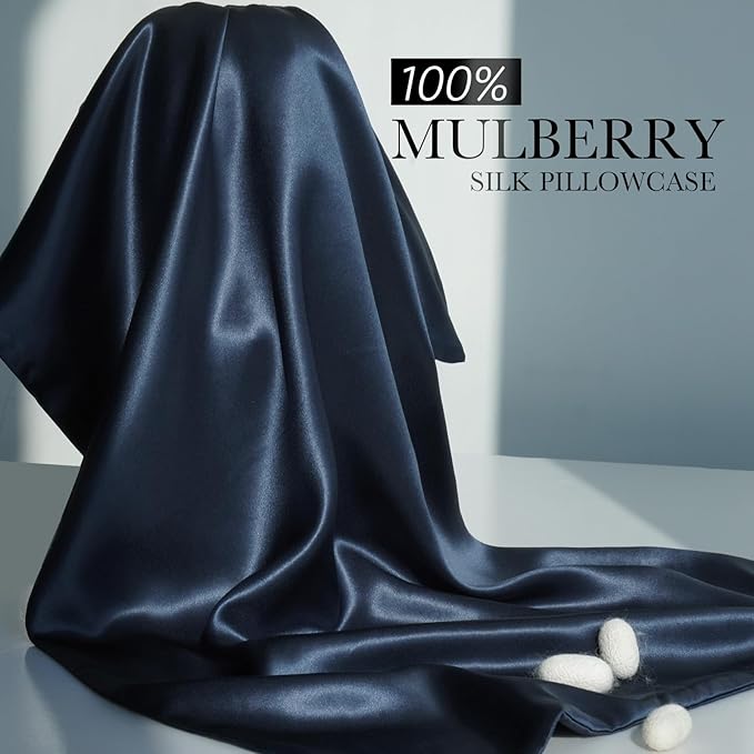 100% Mulberry Silk Pillowcase for Hair and Skin, 22 Momme Pure Natural Silk Pillow Case Both Sided with Zipper, Pillow Cover for Women Mom Men (Navy Blue, Standard 20''×26'', 1 Pack)