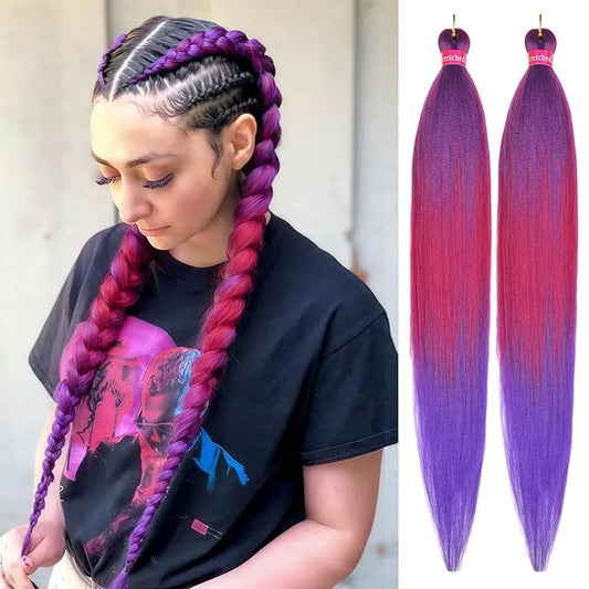 Rose/Dark Purple Braiding Hair Pre Stretched 2 Packs Box Braids Hair Extensions 26 Inches Synthetic Pre Stretched Braiding Hair…