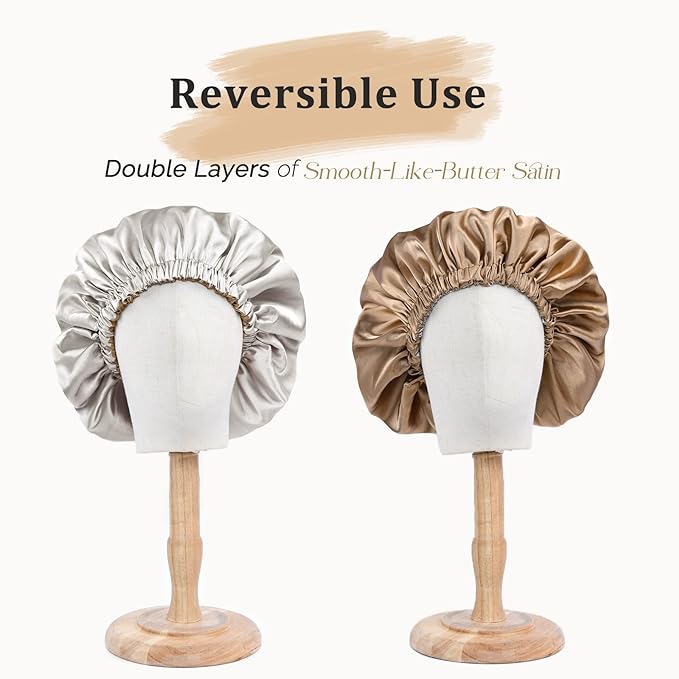 YANIBEST Adjustable Satin Bonnet Double Layer Hair Bonnet for Sleeping Bonnets for Women Hats Curly Natural Hair, Ash Grey