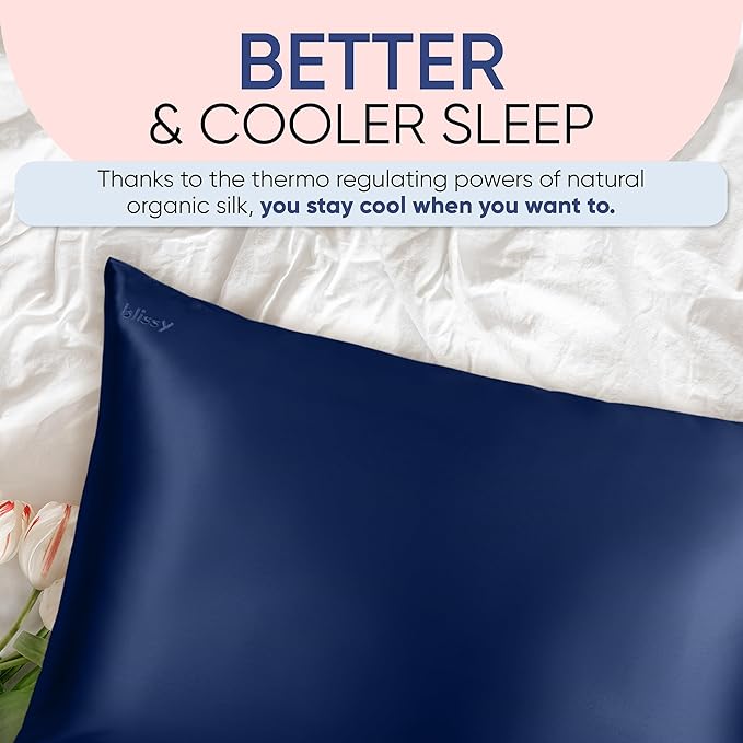 Blissy Silk Pillowcase - 100% Pure Mulberry Silk - 22 Momme 6A High-Grade Fibers - Silk Pillow Cover for Hair & Skin - Regular, Queen & King (Blue, Standard)