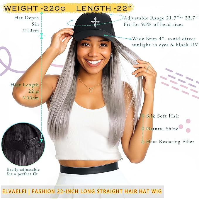 Hat with Hair 22-Inch Ombre Gray Long Straight Wig, Silver Grey Wig for Women, Straight Hair Extensions