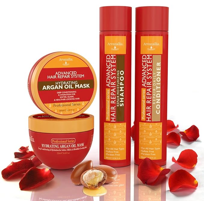 Advanced Hair Repair Shampoo, Conditioner and Deep Conditioner Mask System Set for Dry or Damaged Hair with Argan and Macadamia Oil by Arvazallia - Sulfate Free