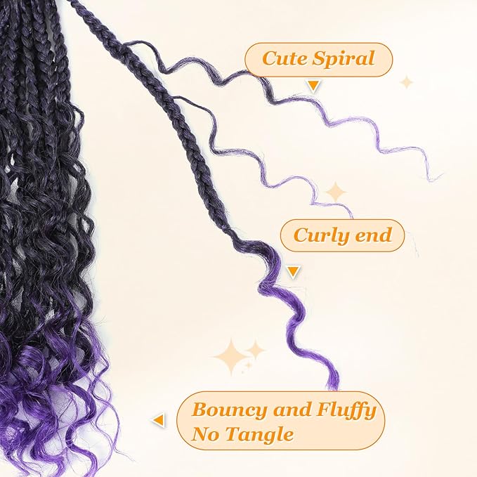 9 Packs Goddess Box Braids Crochet Hair Boho Crochet Box Braids With Curly Ends Crochet Hair For Black Women, 14 Inch Pre Looped Bohemian Crochet Box Braids Hair (14Inch 9 Packs,Tpurple)