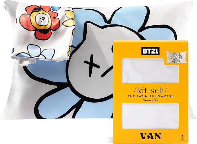 Kitsch x BT21 Satin Pillowcase with Zipper – Better Than Silk Pillowcase, Van Character & Funky Floral Print – Soft Cooling Toddler Bed Time Pillow Case for Hair & Skin – Queen/Standard 19x26