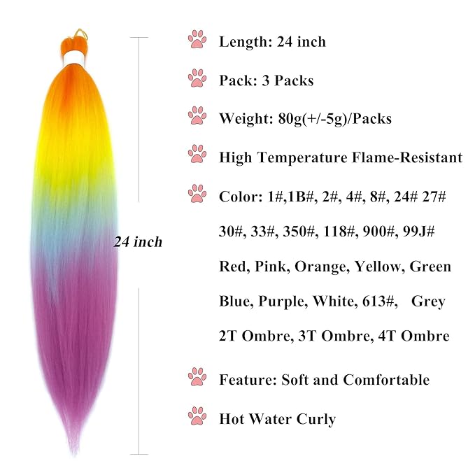 Colorful Rainbow Ombre Braiding Hair Pre Stretched Kanekalo Braiding Hair Extensions for Braiding Box Braids Micro Crochet Long Jumbo Knotless Kids Prestressed Braiding Hair Ombre 24 inch