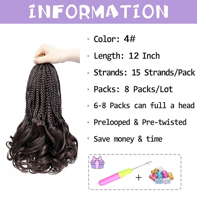 French Curly Braiding Hair Prelooped 12 Inch Dark Brown Crochet Hair for Women 8 Packs Short Crochet Braids with Curly Ends Synthetic Hair Extension 4#