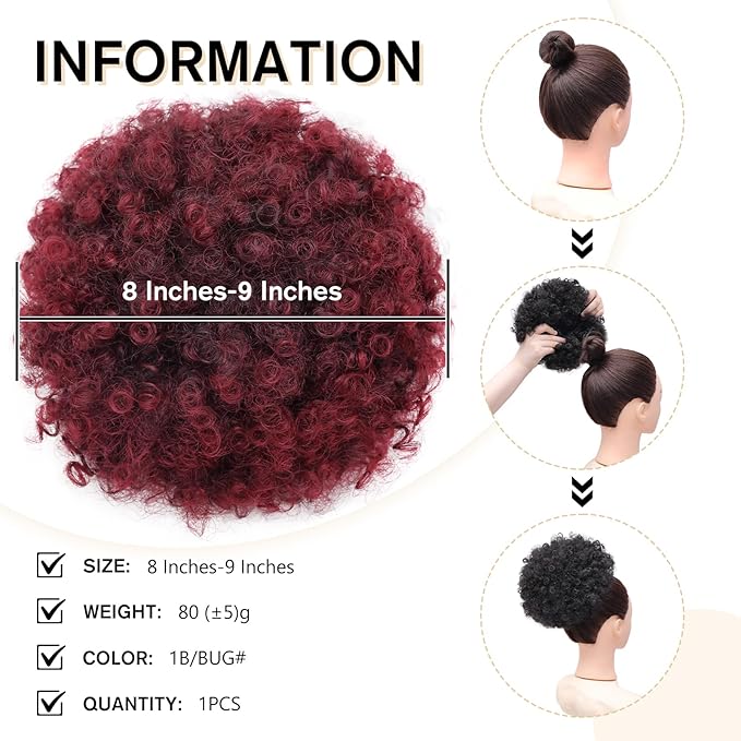 Afro Puff Drawstring Ponytail Synthetic Large Size Afro Kinkys Curly Afro Bun Extension Ombre Burgundy Hairpieces Updo Hair Extensions for Women Girls(1B/BUG#)