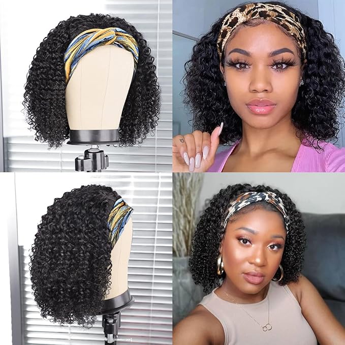 AISI QUEENS Human Hair Headband Wigs for Black Women - Curly, Glueless, Easy Wear - 10 Inch, Medium Cap Size (21.5 Inch)