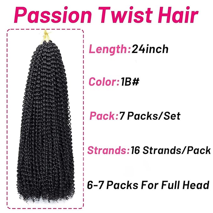 Dorsanee Passion Twist Hair 24 Inch 7 Packs Water Wave Crochet Hair Long Bohemian Curly Braiding Hair for Butterfly Locs, Faux Locs, Boho Style Spring Twist Crochet Braids (1B#)