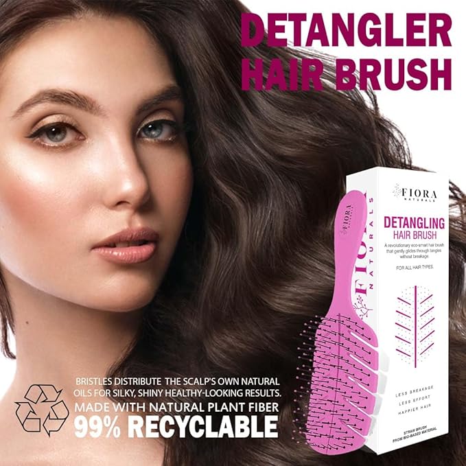 Detangler Brush by Fiora Naturals - 100% Bio-Friendly Detangling brush w/Ultra-Soft Bristles - Glide Through Tangles with Ease - For Curly, Fine, Black Natural, Women, Men, Kids - Dry and Wet Hair