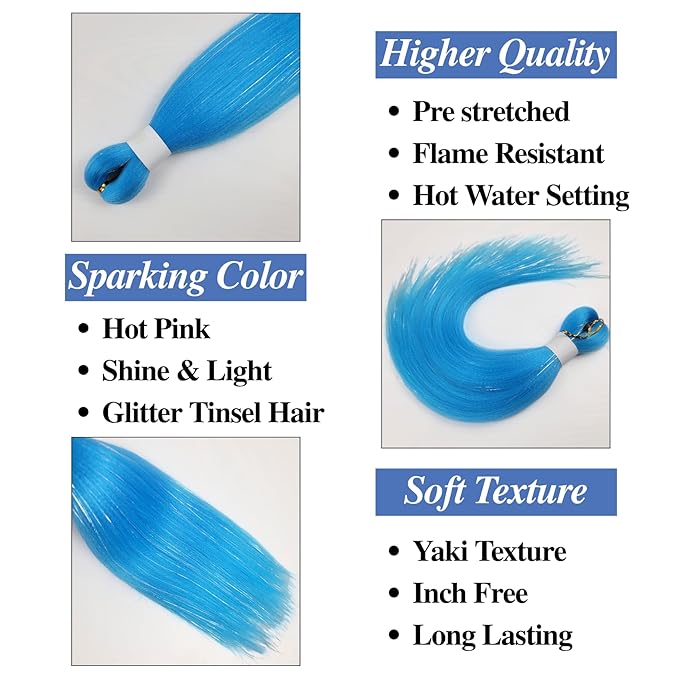 Neon Blue Tinsel Kids Braiding Hair Pre stretched Hypoallergenic Braiding Hair for Glitter Braids Festival Braids Cosplay